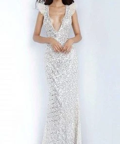 Jovani - 02457 Embellished Deep V-neck Trumpet Gown Formal Gowns