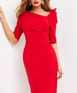 Jovani - 04281SC Short Sleeve Asymmetric Knee Length Dress - 1 Pc Navy In Size 18 Available Cocktail Dresses