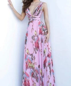 Formal Gowns Jovani - 1032 Printed Deep V-neck Chiffon A-line Dress