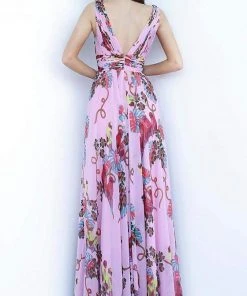 Formal Gowns Jovani - 1032 Printed Deep V-neck Chiffon A-line Dress 5 Formal Gowns Jovani - 1032 Printed Deep V-neck Chiffon A-line Dress