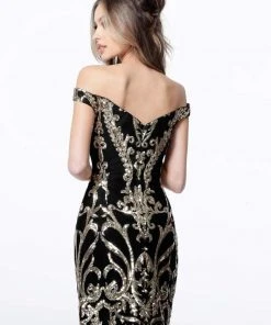 Cocktail Dresses Jovani - 2666 Bead Embellished Plunging Off-Shoulder Dress