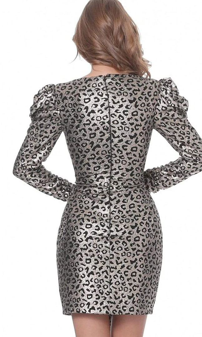 Jovani - 3168 Puff Long Sleeve Animal Print Sheath Dress Cocktail Dresses 4 Jovani - 3168 Puff Long Sleeve Animal Print Sheath Dress Cocktail Dresses