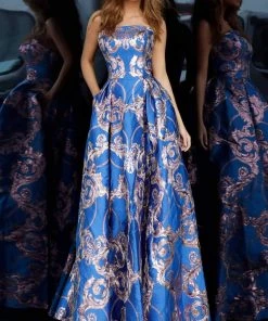 Jovani - 3771 Strapless Print Jacquard Pleated Ballgown Formal Gowns