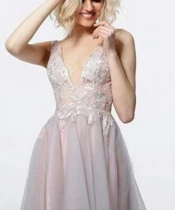 Cocktail Dresses Jovani - 3939 Applique Deep V-neck A-line Dress