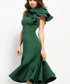 Jovani - 52252 Ruffled Shoulder Short Formal Scuba Dress