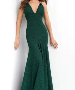 Jovani - 60214 Plunging V-neck Glitter Trumpet Dress Formal Gowns