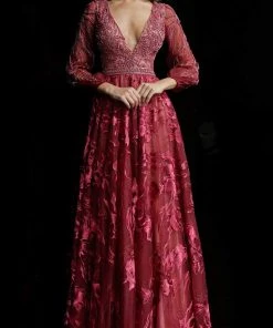 Formal Gowns Jovani - 62143 Plunging V-Neck Floral Embroidered Long Gown