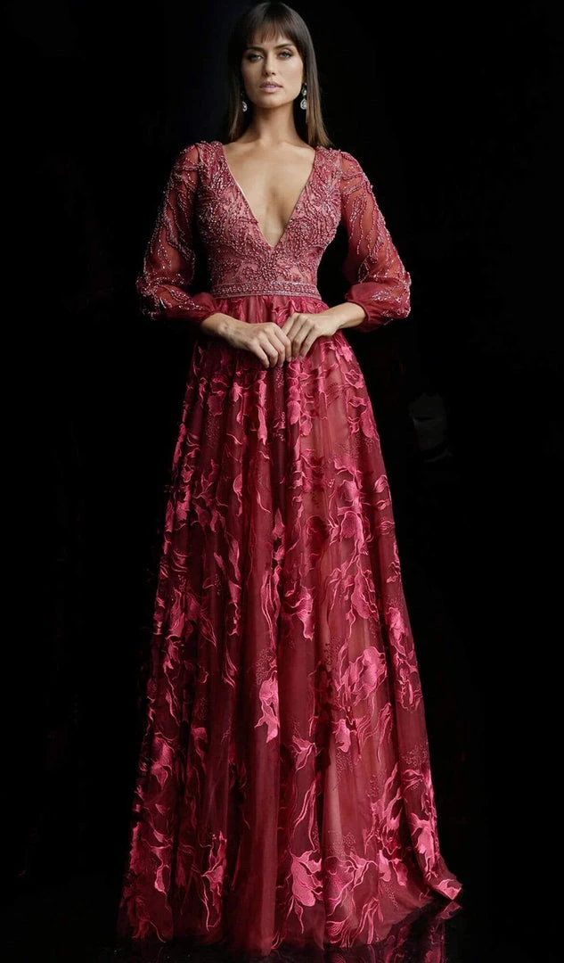 Formal Gowns Jovani - 62143 Plunging V-Neck Floral Embroidered Long Gown 3 Formal Gowns Jovani - 62143 Plunging V-Neck Floral Embroidered Long Gown