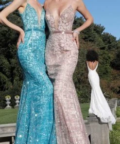 Jovani - 62517 Embellished Embroidered Deep V-neck Trumpet Dress