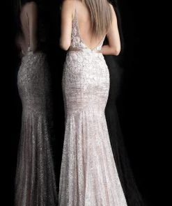 Jovani - 62517 Embellished Embroidered Deep V-neck Trumpet Dress