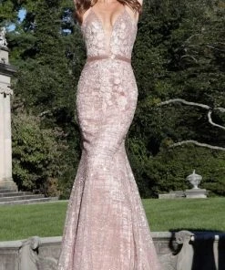 Jovani - 62517 Embellished Embroidered Deep V-neck Trumpet Dress