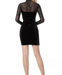 Jovani - 62959 Lace High Neck Velvet Sheath Dress Cocktail Dresses