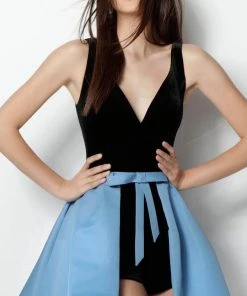 Jovani - 63226 Plunging V-Neck Velvet Overskirt Romper