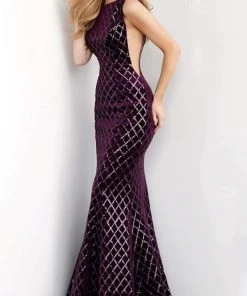 Jovani - 63512 Sequined Bateau Velvet Trumpet Dress With Train