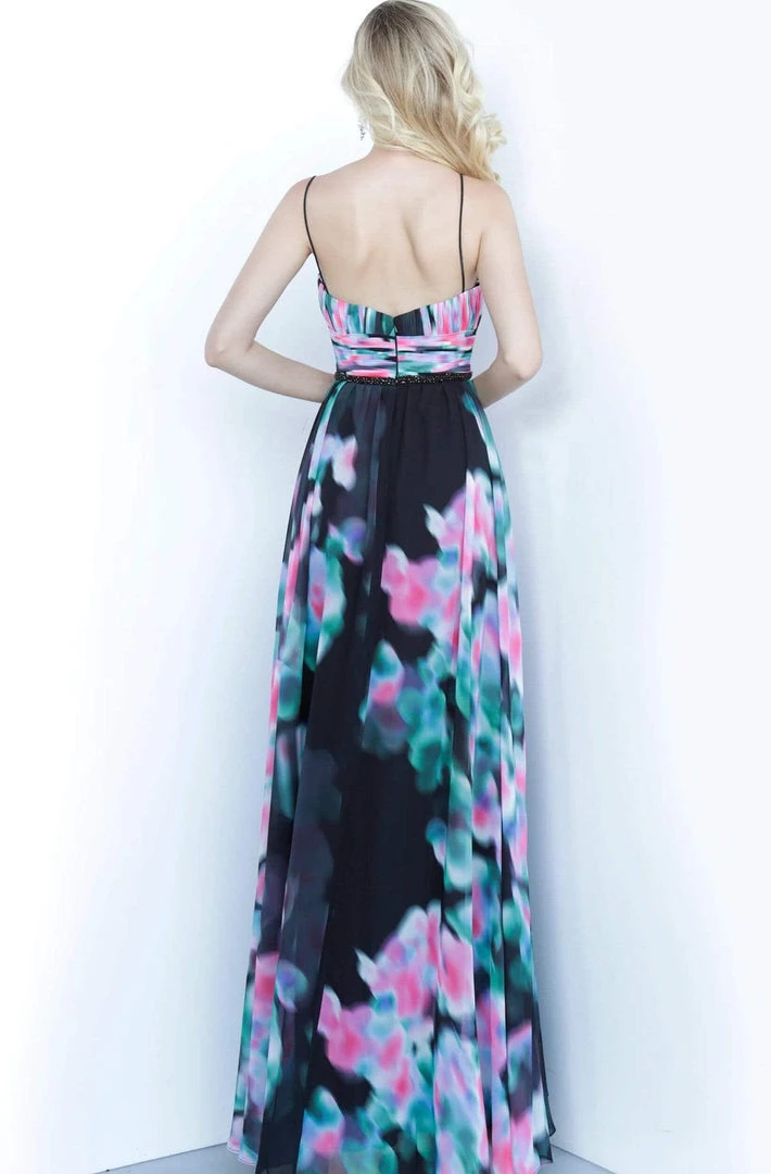 Formal Gowns Jovani - 65614 Printed Deep V-neck A-line Dress 4 Formal Gowns Jovani - 65614 Printed Deep V-neck A-line Dress