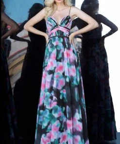 Formal Gowns Jovani - 65614 Printed Deep V-neck A-line Dress 7 Formal Gowns Jovani - 65614 Printed Deep V-neck A-line Dress
