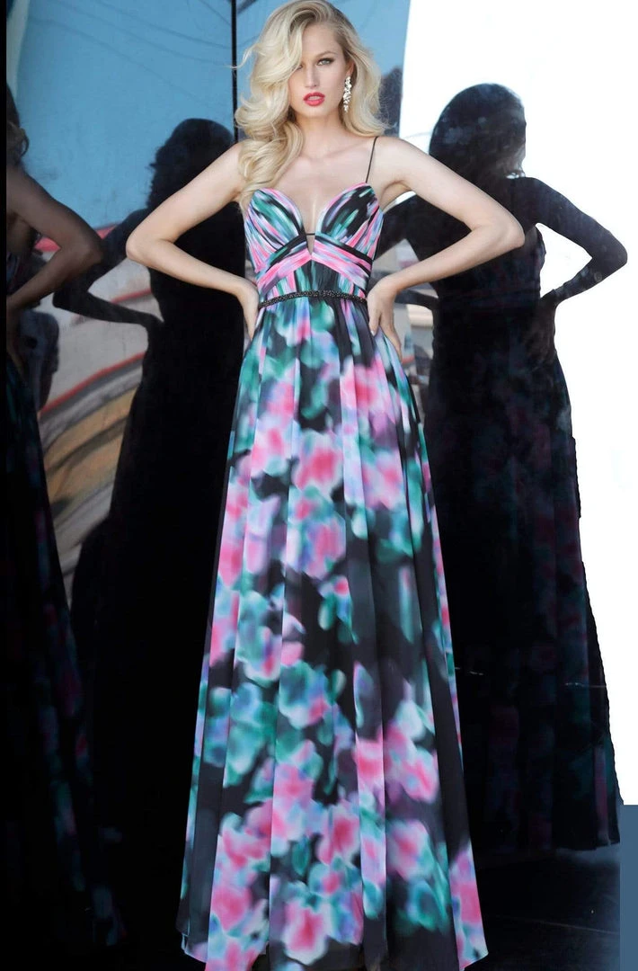 Formal Gowns Jovani - 65614 Printed Deep V-neck A-line Dress 5 Formal Gowns Jovani - 65614 Printed Deep V-neck A-line Dress