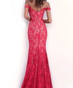Formal Gowns Jovani - 67304 Lace Plunging Off-Shoulder Trumpet Dress With Train