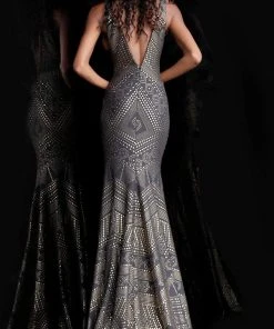 Formal Gowns Jovani - 67844 Embellished Deep V-neck Mermaid Dress With Train