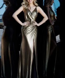 Jovani - 67934 Ruched V-Neck Sheath Dress With Slit Formal Gowns