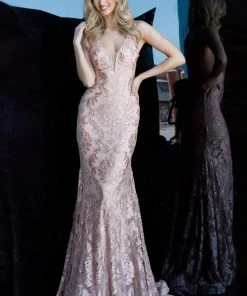 Jovani - 68445 Sleeveless V Back Lace Plunging Neckline Evening Dress Formal Gowns