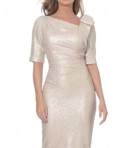 Jovani - Asymmetric Neck Knee Length Fitted Dress 03641SC - 1 Pc Light Gold In Size 4 Available Cocktail Dresses