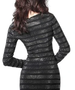 Jovani - Beaded Long Sleeve Bateau Sheath Dress 61881SC - 1 Pc Black In Size 2 Available Cocktail Dresses