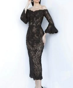 JVN By Jovani Formal Gowns Jovani - Bell Sleeve Lace Evening Dress JVN2241SC - 1 Pc Black In Size 6 Available