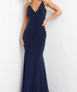 Formal Gowns Jovani - Embellished Backless Trumpet Dress 07297SC - 1 Pc Navy In Size 00 And 1 Pc Light-Blue In Size 4 Available