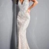 Jovani - Embellished Plunging Evening Gown 05752SC - 1 Pc Silver/Nude In Size 14 Available Formal Gowns 2 Jovani - Embellished Plunging Evening Gown 05752SC - 1 Pc Silver/Nude In Size 14 Available Formal Gowns