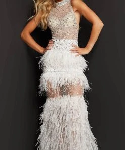 Jovani - Feather Fringed Prom Dress 07317SC - 1 Pc Off-White In Size 0 Available Formal Gowns