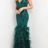 Formal Gowns Jovani - Feathered Trumpet Evening Gown 05660SC - 1 Pc Green In Size 18 Available