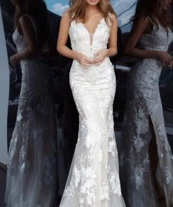 Formal Gowns Jovani - Floral Embroidered Lace Deep V-neck Trumpet Dress 02444SC - 1 Pc White/Nude In Size 8 Available