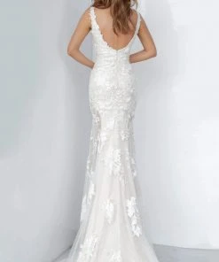 Formal Gowns Jovani - Floral Embroidered Lace Deep V-neck Trumpet Dress 02444SC - 1 Pc White/Nude In Size 8 Available