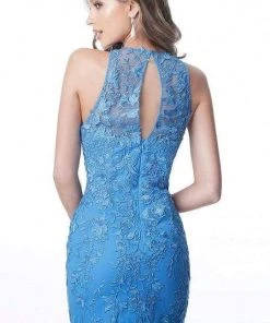 JVN By Jovani Jovani - Floral Lace Applique Jewel Cocktail Dress JVN1290SC - 1 Pc Navy In Size 2 Available
