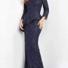 Formal Gowns Jovani - Glitter Lace Off-Shoulder Formal Gown 00455SC - 2 Pcs Navy In Size 10 And 24 Available