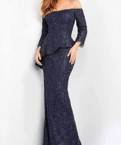 Formal Gowns Jovani - Glitter Lace Off-Shoulder Formal Gown 00455SC - 2 Pcs Navy In Size 10 And 24 Available