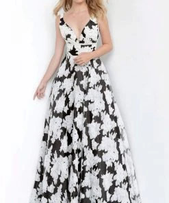 JVN By Jovani Jovani - JVN00825 Printed Deep V-neck A-line Dress Formal Gowns