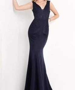 JVN By Jovani Jovani - JVN02310 Embroidered Plunging V Neck Trumpet Dress