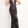 JVN By Jovani Jovani - JVN04776 Illusion Plunging Neck Geo Sequin Stripe Sheath Gown Formal Gowns