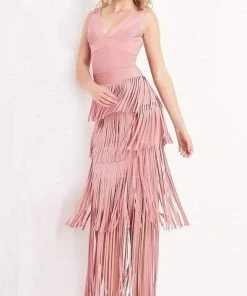 JVN By Jovani Jovani - JVN04784 Fringe V Neck Sheath Dress Formal Gowns