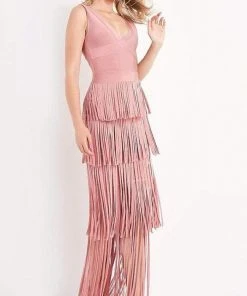 JVN By Jovani Jovani - JVN04784 Fringe V Neck Sheath Dress Formal Gowns