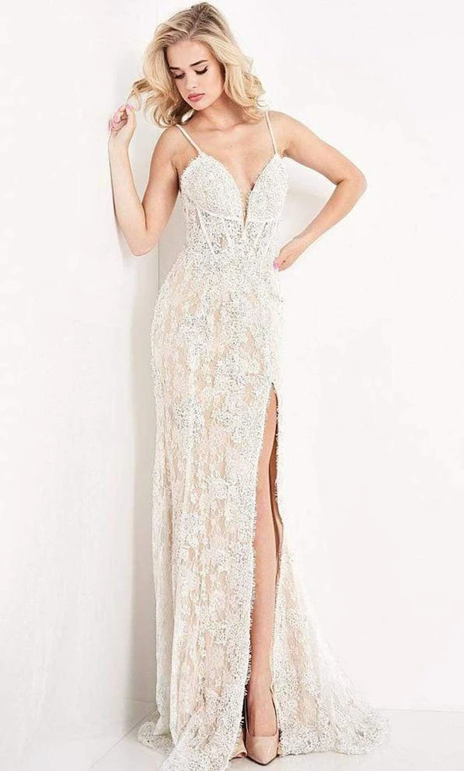 JVN By Jovani Formal Gowns Jovani - JVN05757 Lace Deep V Neck Long Dress With Slit 3 JVN By Jovani Formal Gowns Jovani - JVN05757 Lace Deep V Neck Long Dress With Slit