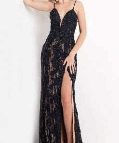 JVN By Jovani Formal Gowns Jovani - JVN05757 Lace Deep V Neck Long Dress With Slit 12 JVN By Jovani Formal Gowns Jovani - JVN05757 Lace Deep V Neck Long Dress With Slit
