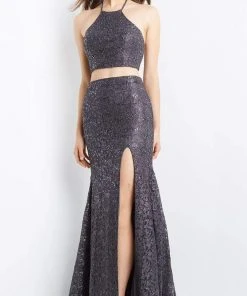 JVN By Jovani Formal Gowns Jovani - JVN08514 Two-Piece Halter Lace Gown