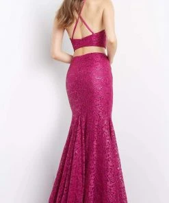 JVN By Jovani Formal Gowns Jovani - JVN08514 Two-Piece Halter Lace Gown