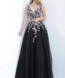 JVN By Jovani Jovani - JVN2302 Embroidered Applique Plunging V-Neck Gown