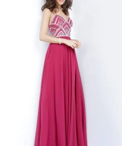 JVN By Jovani Jovani - JVN2405 Geometric Beaded V-Neck Chiffon Gown Formal Gowns