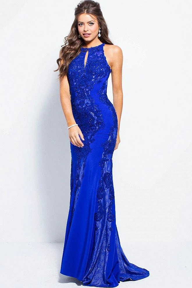 JVN By Jovani Jovani - JVN55869 Beaded Lace Halter Sheath Dress Formal Gowns 3 JVN By Jovani Jovani - JVN55869 Beaded Lace Halter Sheath Dress Formal Gowns