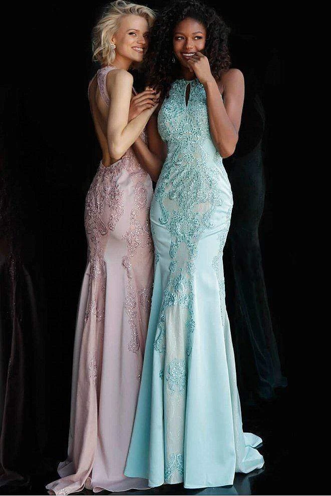 JVN By Jovani Jovani - JVN55869 Beaded Lace Halter Sheath Dress Formal Gowns 12 JVN By Jovani Jovani - JVN55869 Beaded Lace Halter Sheath Dress Formal Gowns